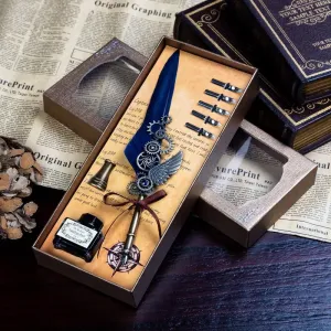 Deluxe Gift Boxed Retro Feather Calligraphy Dip Quill Pen Set - Navy Blue Goose Flight Wing