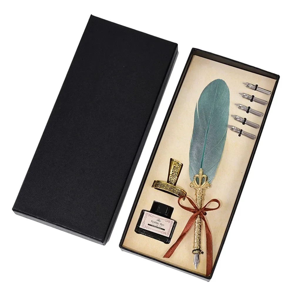 Deluxe Gift Boxed Retro Feather Calligraphy Dip Quill Pen Set - Shimmery Green