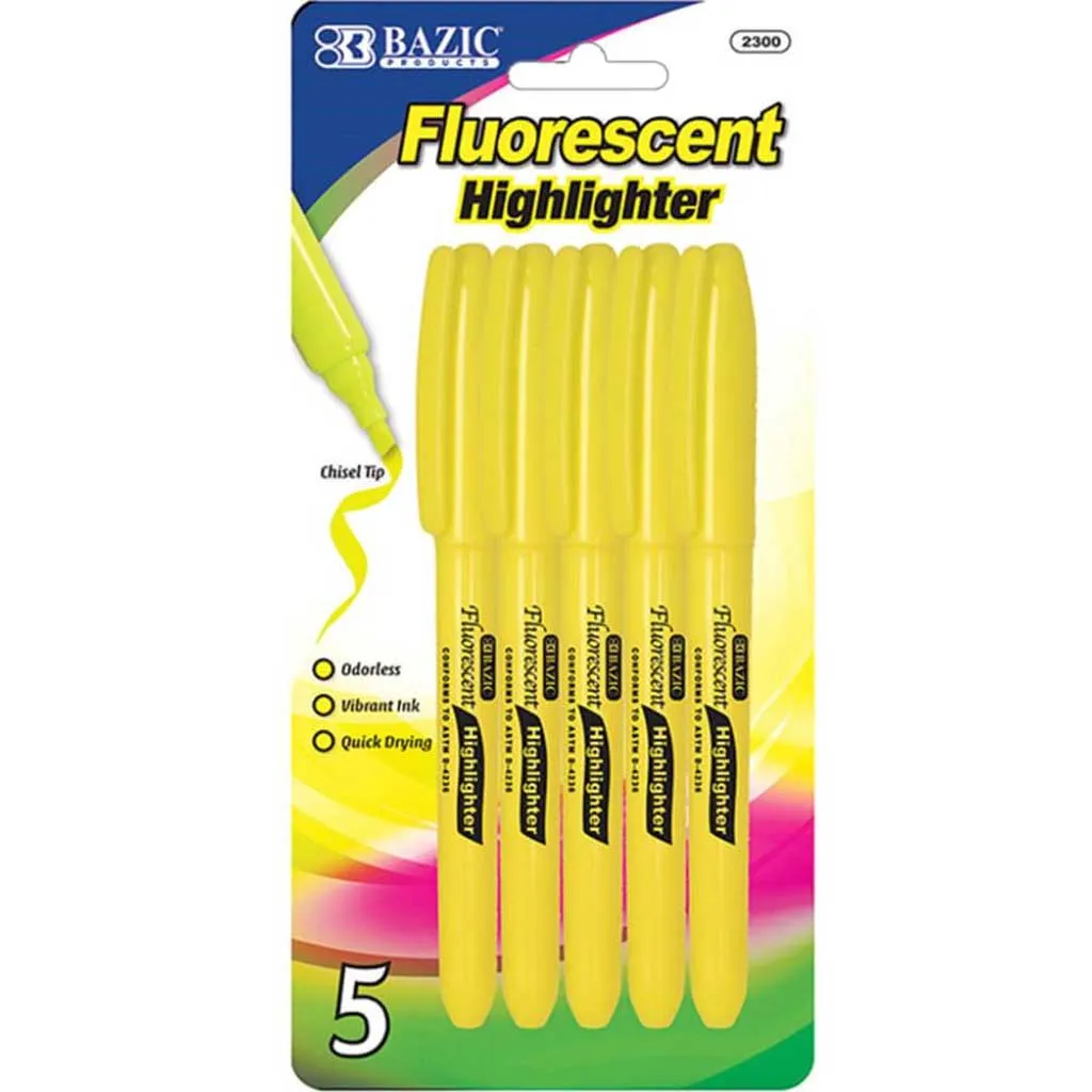 Fluorescent Highlighter Pen Yellow 5pcs