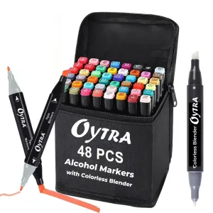 Oytra 48 Colors Dual Tip Alcohol Markers Set with Alcoholic Colorless Blender - Ideal for Coloring, Drawing, Sketching, and Painting