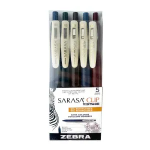 Zebra Sarasa Clip Vintage Retractable Gel Pen 5pk, Dark Colours