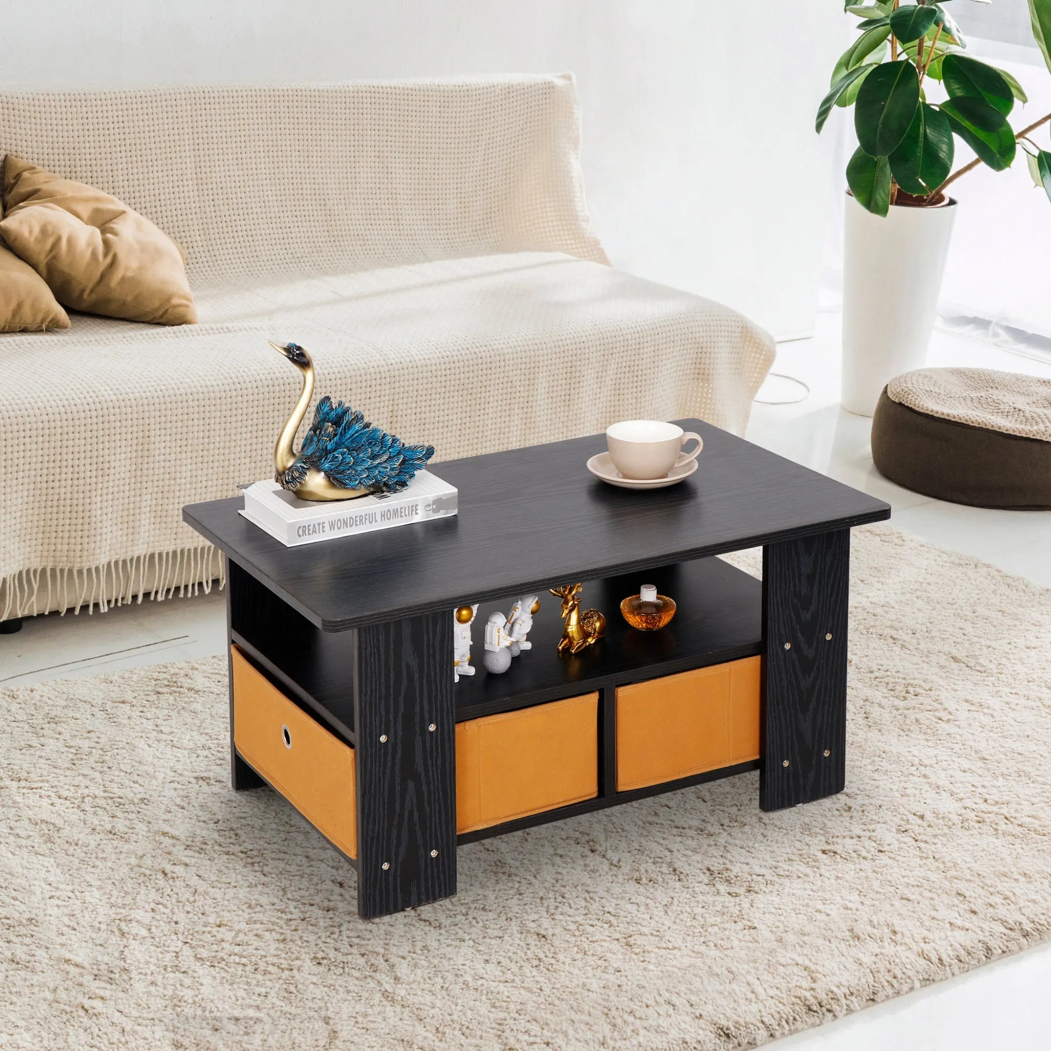 ZENY™ Coffee Table with Storage Shelves and Bin Drawer, Modern Wood Coffee Table