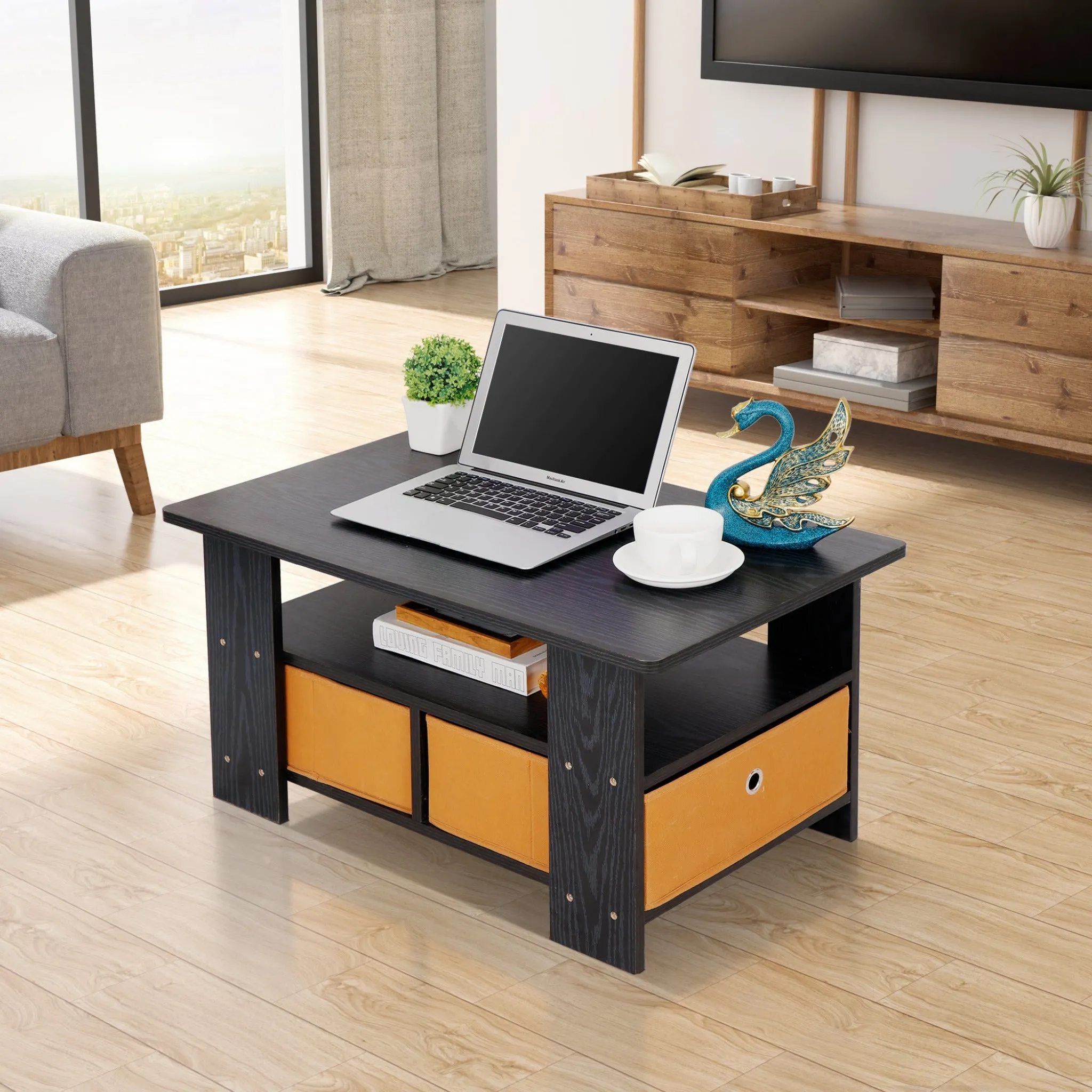 ZENY™ Coffee Table with Storage Shelves and Bin Drawer, Modern Wood Coffee Table